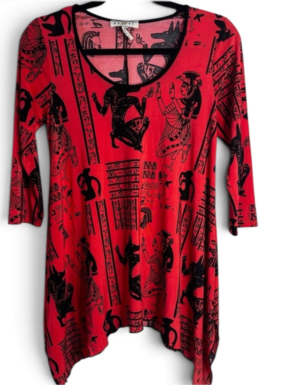 Avital Tunic Top Women Red Egyptian Hieroglyphic Anubis Asymmetrical Y2K